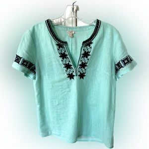 Bright teal J Crew linen embroidered blouse